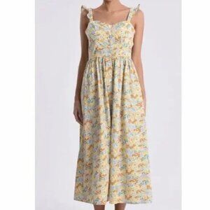 Molly Bracken Liberty Yellow Blue Floral Print Midi Button Down Dress XS